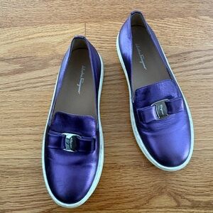 Kids Salvatore Ferragamo Metallic Purple Vara Bow Slip-On Loafers